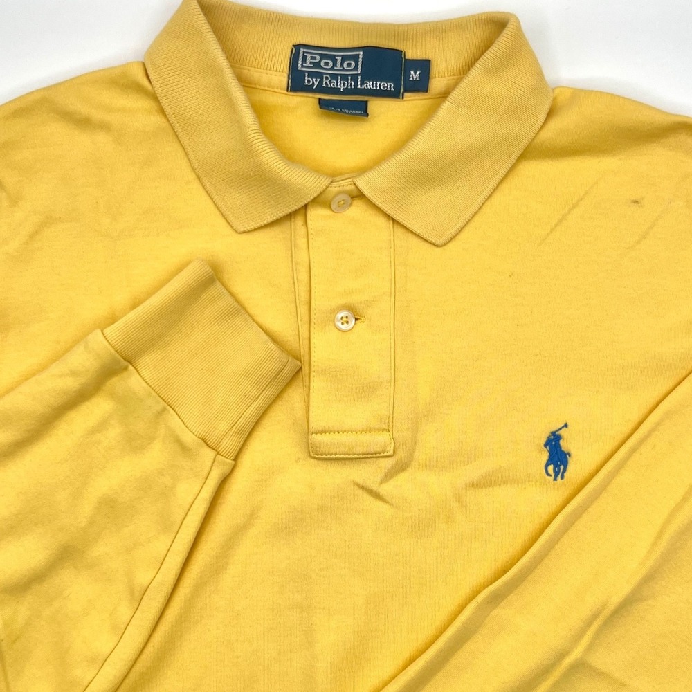 Y2K Polo by Ralph Lauren Mens Long Sleeve Polo Shirt Yellow‎ Cotton Medium 0496